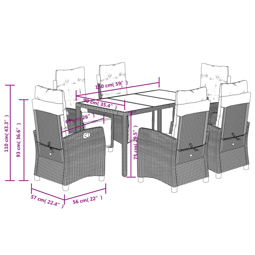 7 Piece Garden Dining Set with Cushions Black Poly Rattan
