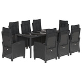 9 Piece Garden Dining Set with Cushions Black Poly Rattan - Front View