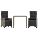 3 Piece Garden Dining Set with Cushions Grey Poly Rattan - Front View