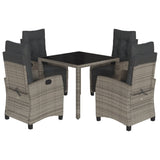 5 Piece Garden Dining Set with Cushions Grey Poly Rattan - Front View