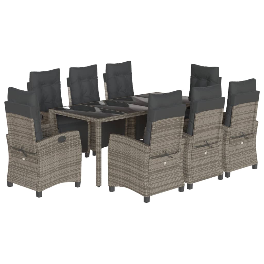 9 Piece Garden Dining Set with Cushions Grey Poly Rattan