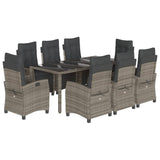 9 Piece Garden Dining Set with Cushions Grey Poly Rattan - Front View