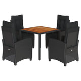 5 Piece Garden Dining Set with Cushions Black Poly Rattan - Front View