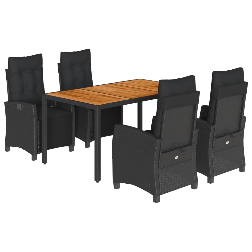 5 Piece Garden Dining Set with Cushions Black Poly Rattan