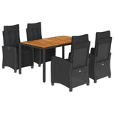 5 Piece Garden Dining Set with Cushions Black Poly Rattan - Front View