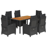 7 Piece Garden Dining Set with Cushions Black Poly Rattan - Front View