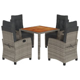 5 Piece Garden Dining Set with Cushions Grey Poly Rattan - Front View
