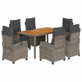 7 Piece Garden Dining Set with Cushions Grey Poly Rattan - Front View
