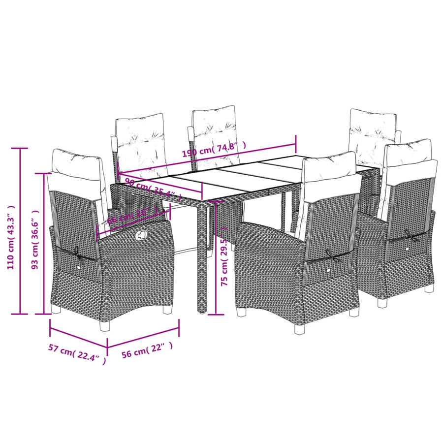 7 Piece Garden Dining Set with Cushions Grey Poly Rattan