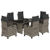 7 Piece Garden Dining Set with Cushions Grey Poly Rattan - Front View