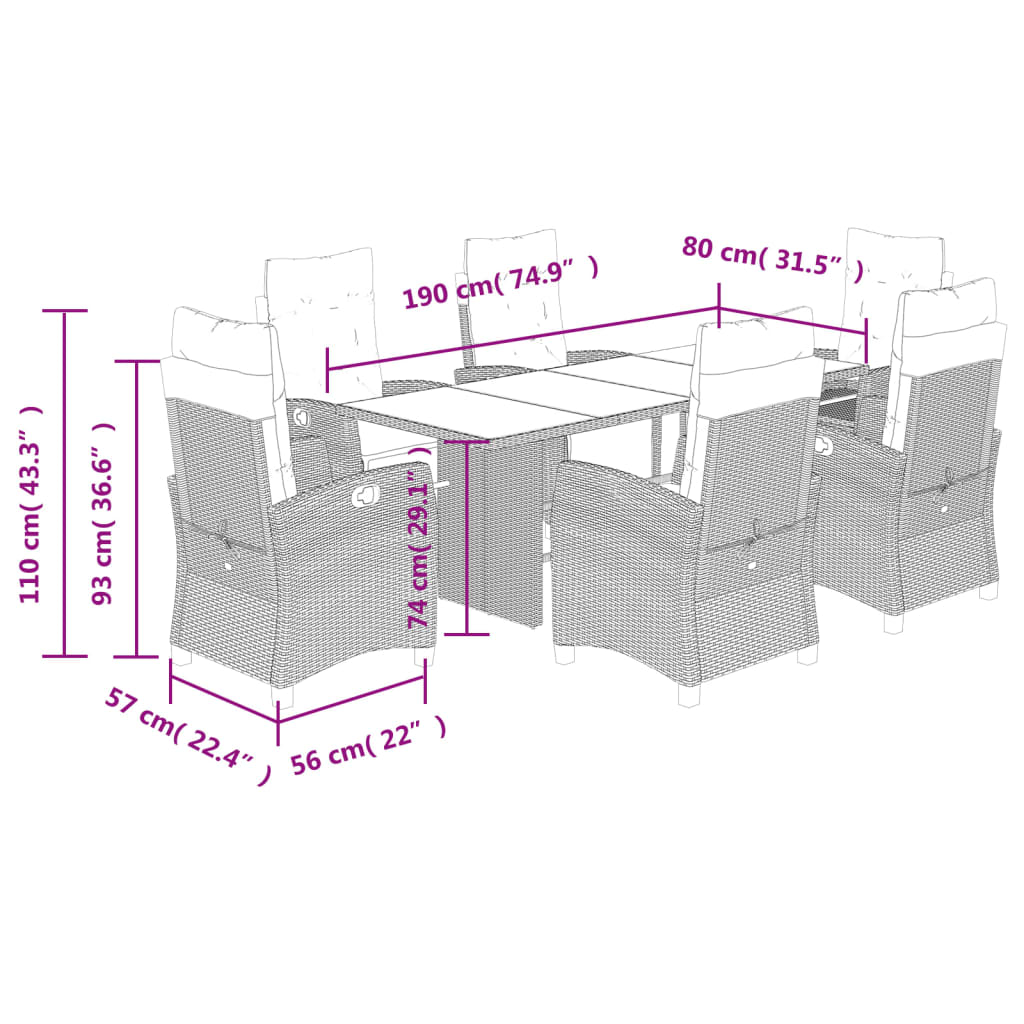 7 Piece Garden Dining Set with Cushions Grey Poly Rattan