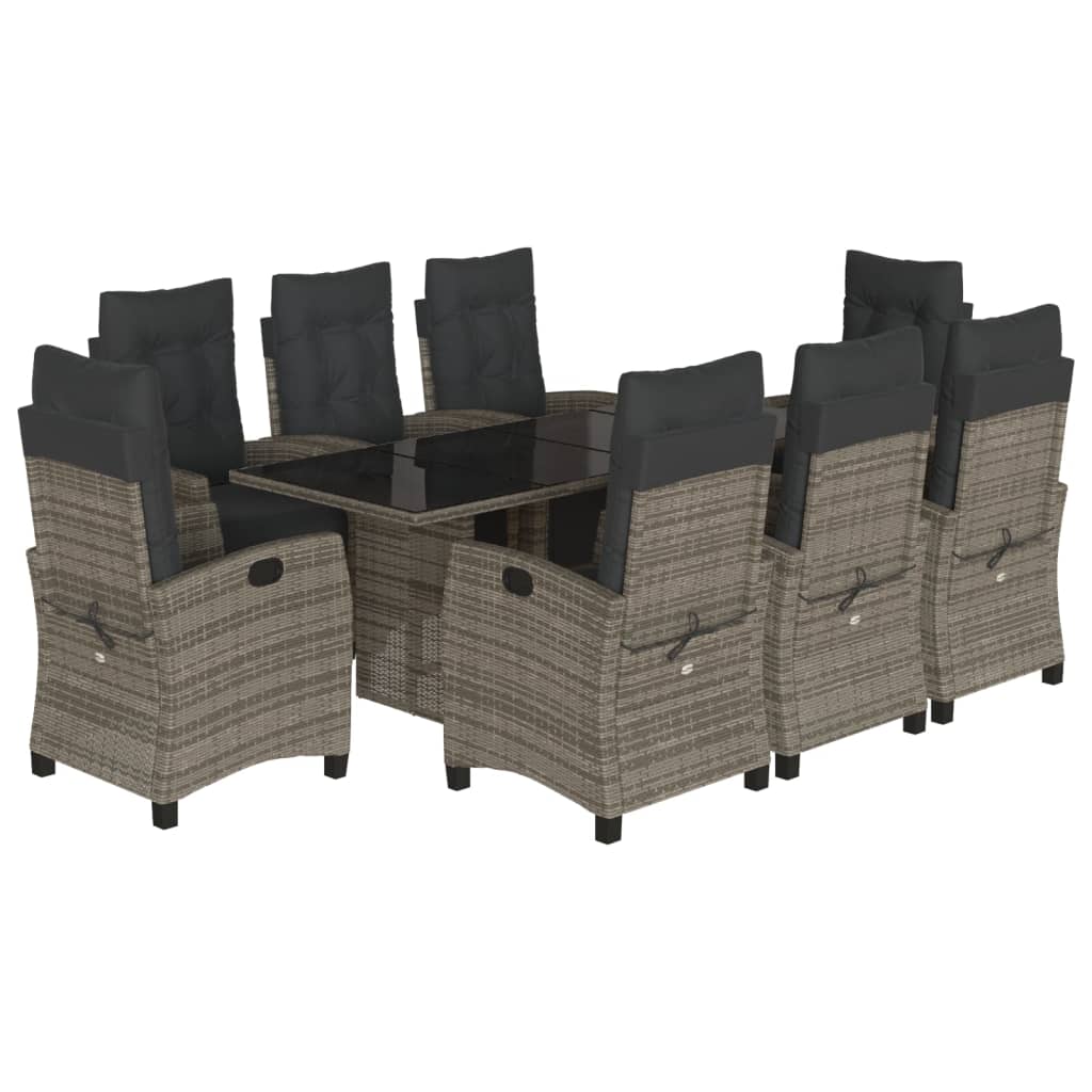 9 Piece Garden Dining Set with Cushions Grey Poly Rattan