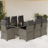 9 Piece Garden Dining Set with Cushions Grey Poly Rattan