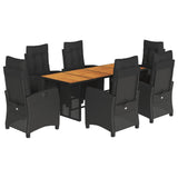 7 Piece Garden Dining Set with Cushions Black Poly Rattan - Front View