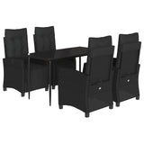 5 Piece Garden Dining Set with Cushions Black Poly Rattan - Front View