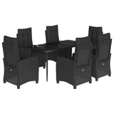 7 Piece Garden Dining Set with Cushions Black Poly Rattan - Front View