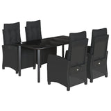 5 Piece Garden Dining Set with Cushions Black Poly Rattan - Front View