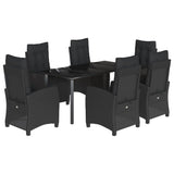 7 Piece Garden Dining Set with Cushions Black Poly Rattan - Front View