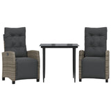 3 Piece Garden Dining Set with Cushions Grey Poly Rattan - Front View