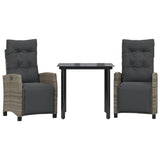 3 Piece Garden Dining Set with Cushions Grey Poly Rattan - Front View