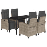 5 Piece Garden Dining Set with Cushions Grey Poly Rattan - Front View