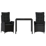 3 Piece Garden Dining Set with Cushions Black Poly Rattan - Front View