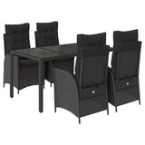 5 Piece Garden Dining Set with Cushions Black Poly Rattan - Front View