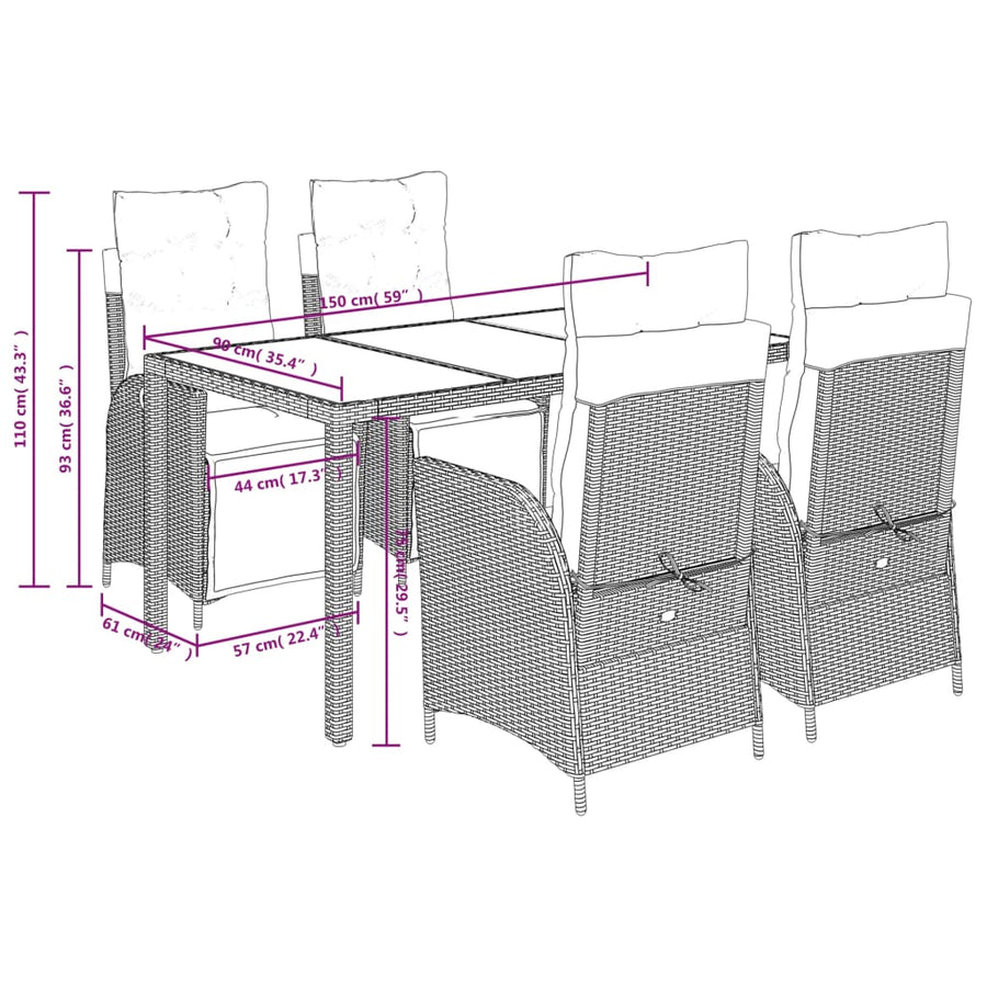 5 Piece Garden Dining Set with Cushions Black Poly Rattan