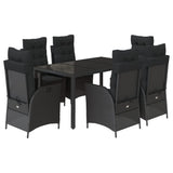 7 Piece Garden Dining Set with Cushions Black Poly Rattan - Front View