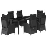 7 Piece Garden Dining Set with Cushions Black Poly Rattan - Front View