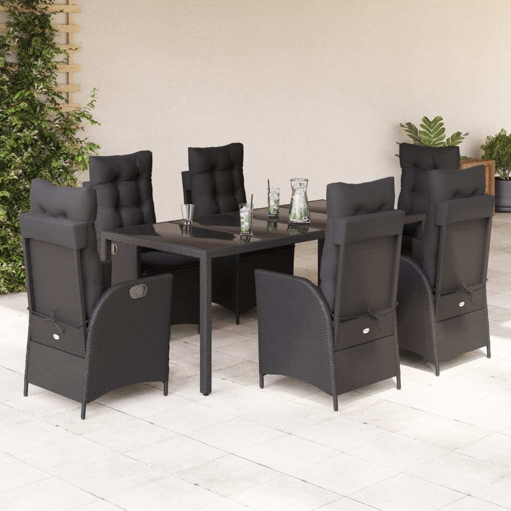 7 Piece Garden Dining Set with Cushions Black Poly Rattan