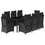 9 Piece Garden Dining Set with Cushions Black Poly Rattan - Front View