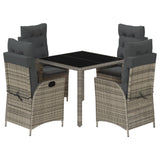 5 Piece Garden Dining Set with Cushions Grey Poly Rattan - Front View