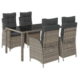 5 Piece Garden Dining Set with Cushions Grey Poly Rattan - Front View