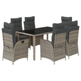 7 Piece Garden Dining Set with Cushions Grey Poly Rattan - Front View