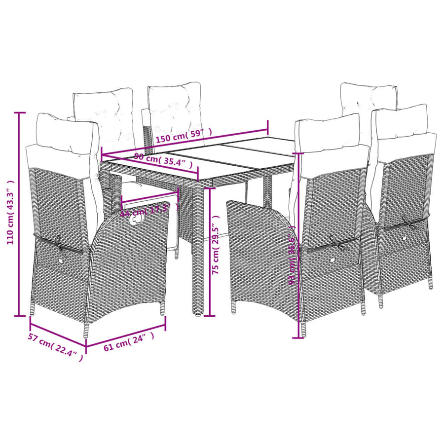 7 Piece Garden Dining Set with Cushions Grey Poly Rattan