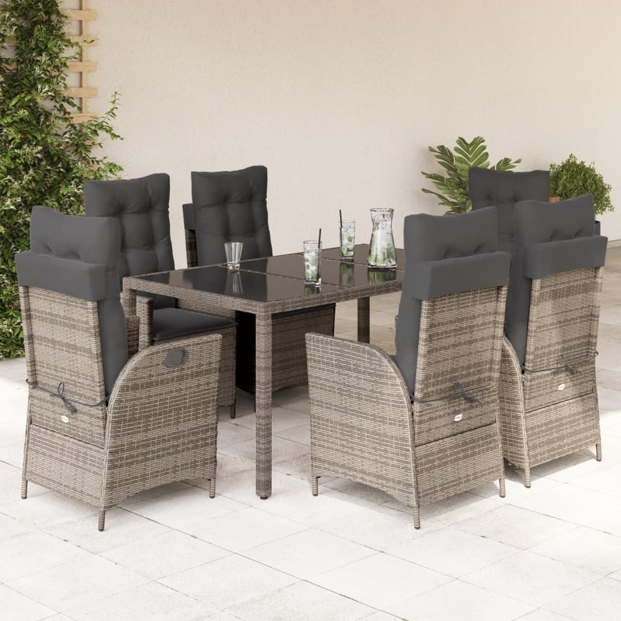 7 Piece Garden Dining Set with Cushions Grey Poly Rattan