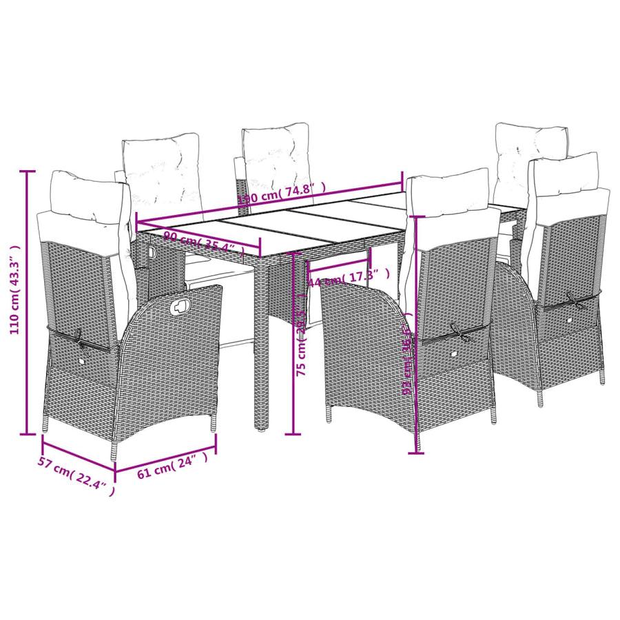 7 Piece Garden Dining Set with Cushions Grey Poly Rattan
