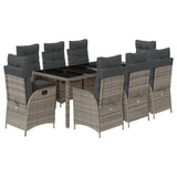 9 Piece Garden Dining Set with Cushions Grey Poly Rattan - Front View