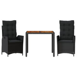 3 Piece Garden Dining Set with Cushions Black Poly Rattan - Front View
