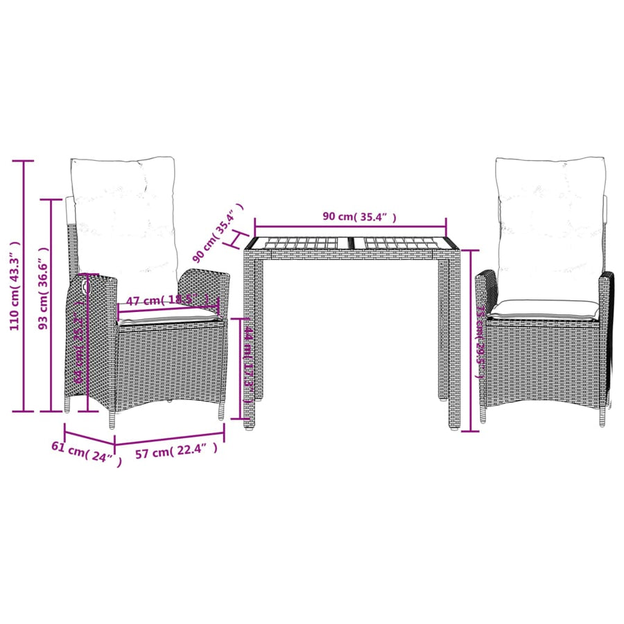 3 Piece Garden Dining Set with Cushions Black Poly Rattan