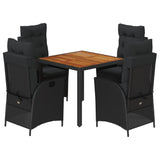 5 Piece Garden Dining Set with Cushions Black Poly Rattan - Front View