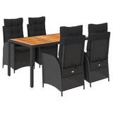 5 Piece Garden Dining Set with Cushions Black Poly Rattan - Front View