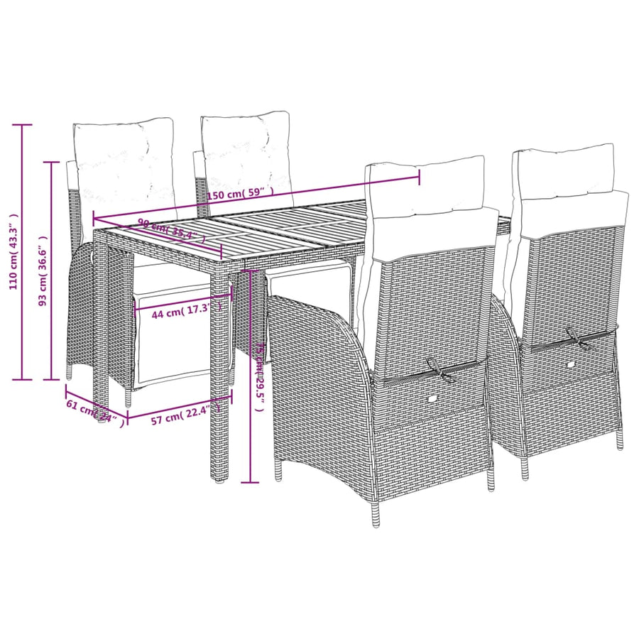 5 Piece Garden Dining Set with Cushions Black Poly Rattan