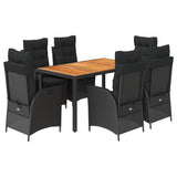 7 Piece Garden Dining Set with Cushions Black Poly Rattan - Front View