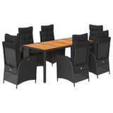 7 Piece Garden Dining Set with Cushions Black Poly Rattan - Front View