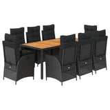 9 Piece Garden Dining Set with Cushions Black Poly Rattan - Front View