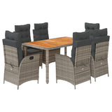 7 Piece Garden Dining Set with Cushions Grey Poly Rattan - Front View