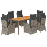 7 Piece Garden Dining Set with Cushions Grey Poly Rattan - Front View