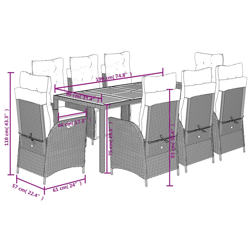 9 Piece Garden Dining Set with Cushions Grey Poly Rattan